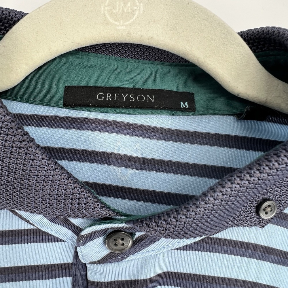 Greyson‎ Polo Shirt Mens Medium Blue Stripe Golf Performance Wolf Logo - Picture 2 of 10